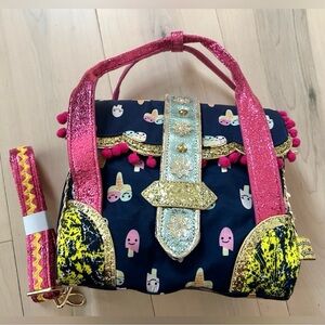 IRREGULAR CHOICE ICE CREAM PRINT CROSSBODY SATCHEL HANDBAG PURSE Blue/Pink/Gold